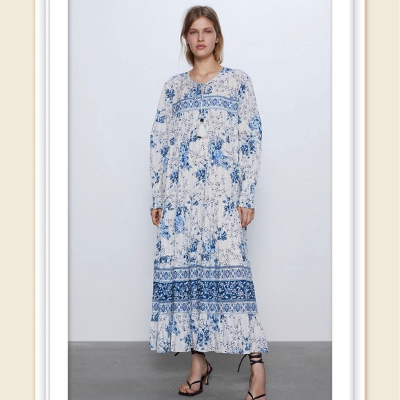 zara long printed dress blue